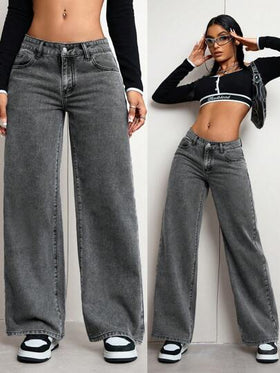SHEIN ICON السراويل الجينز الكاجوال البسيطة ذات اللون الواضح للنساء