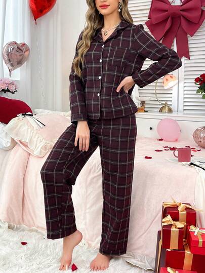 مجموعة بيجامة نسائية بأكمام طويلة مربعات 2 قطعة، ملابس خريفية وشتوية مريحة وأنيقة التفاصيل