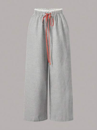 EZwear بنطلون نسائي واسع الساق ذو خصر عالي ومنسوج بتصميم شريطي، بقصة كاجوال