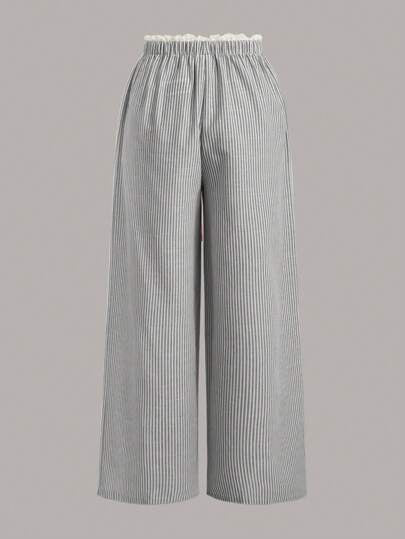 EZwear بنطلون نسائي واسع الساق ذو خصر عالي ومنسوج بتصميم شريطي، بقصة كاجوال