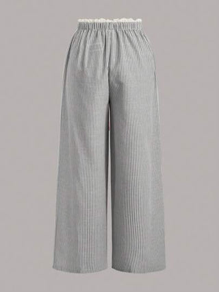 EZwear بنطلون نسائي واسع الساق ذو خصر عالي ومنسوج بتصميم شريطي، بقصة كاجوال