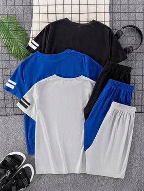 SHEIN 6 مجموعة من القمصان قصيرة الأكمام والشورتات الكاجوال للمراهقين الرجال، بتصميم رياضي، أسلوب شارع، لموسيقى الروك بانك، أكاديمي، كاجوال يومي، حفلات خارجية، مهرجانات موسيقية، مناسبة للربيع/الصيف، باللون الأزرق والأسود والرمادي