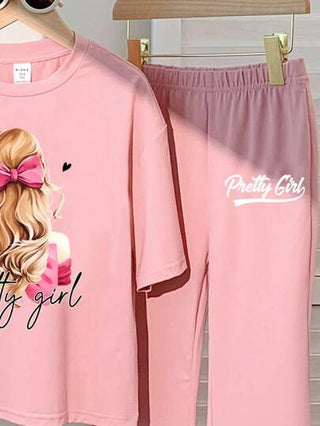 girls-sets طقم للفتيات المراهقات: تي شيرت بأكمام قصيرة مطبوع بشكل قلب وبنطلون بقصة واسعة للسيقان، طراز ملائم وعصري