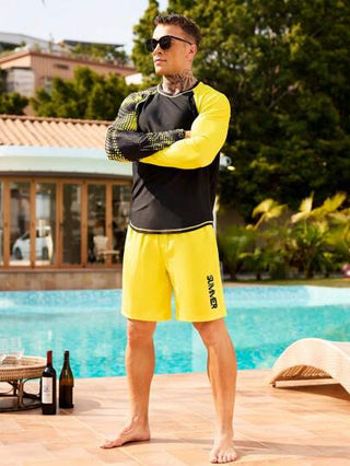 Manfinity Swimmode مجموعة ملابس علوية آستين طويل وشورت للرجال قطعتان ، ملابس يومية كاجوال ، هاواي