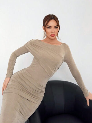 Aloruh فستان بودي كون أنثوي مع تكسير وشراشيب ذهبية وخاكي للحفلات والسهرات