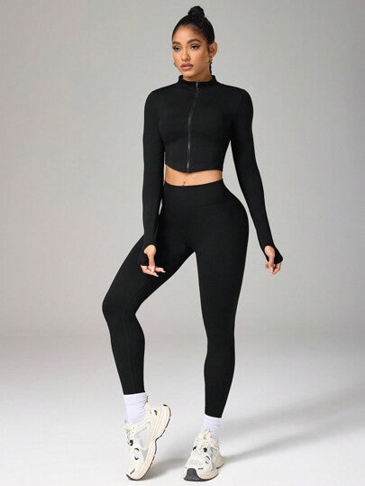 SHEIN Sport Studio طقم ملابس رياضية لليوغا بسحاب كامل وبنطال ٧/٨ طويل الأكمام، مناسب للياقة البدنية وركض في الهواء الطلق، تصميم سحاب، خصر عالي ومُراقب ومرفع للمؤخرة لممارسات التمارين الرياضية للنساء