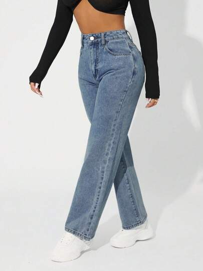 SHEIN PETITE بنطلون جينز طويل سيدات بتصميم بسيط مزود بجيب أمامي عصري للارتداء اليومي
