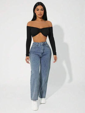 SHEIN PETITE بنطلون جينز طويل سيدات بتصميم بسيط مزود بجيب أمامي عصري للارتداء اليومي