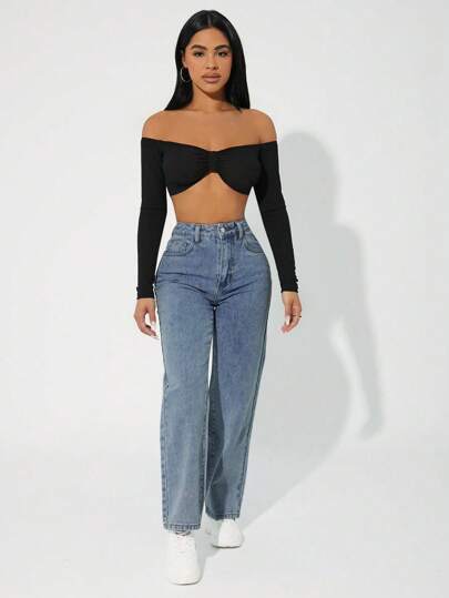 SHEIN PETITE بنطلون جينز طويل سيدات بتصميم بسيط مزود بجيب أمامي عصري للارتداء اليومي