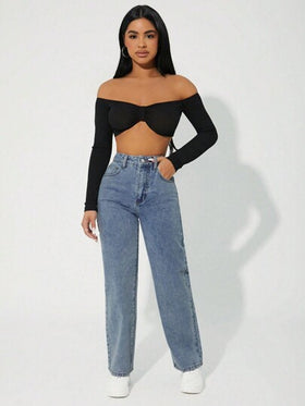 SHEIN PETITE بنطلون جينز طويل سيدات بتصميم بسيط مزود بجيب أمامي عصري للارتداء اليومي