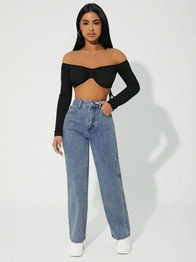 SHEIN PETITE بنطلون جينز طويل سيدات بتصميم بسيط مزود بجيب أمامي عصري للارتداء اليومي