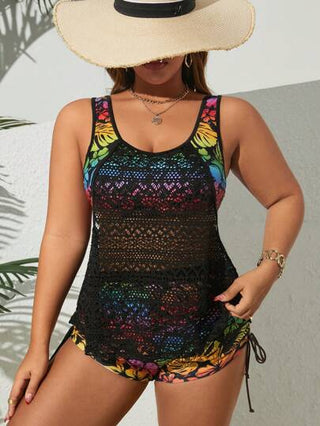 Swim Lushoire مجموعة بيكيني نسائي كاجوال مطبوع بالدانتيل موديل فضفاض بأربطة على الكتفين، مقاسات كبيرة 2 قطعة، للاستخدام الصيفي