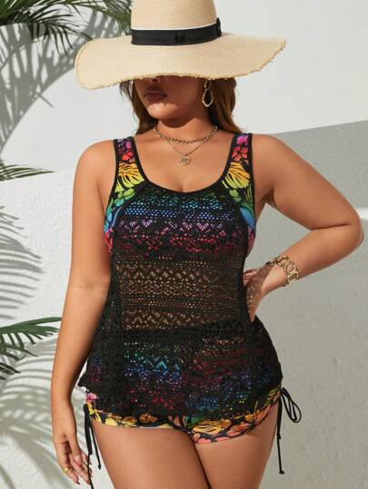 Swim Lushoire مجموعة بيكيني نسائي كاجوال مطبوع بالدانتيل موديل فضفاض بأربطة على الكتفين، مقاسات كبيرة 2 قطعة، للاستخدام الصيفي