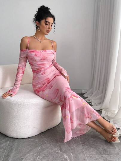 فساتين حريمي Rafferiza فستان حورية البحر الأنيق ذو الأكمام الطويلة والكتف المنحرف من الشيرت