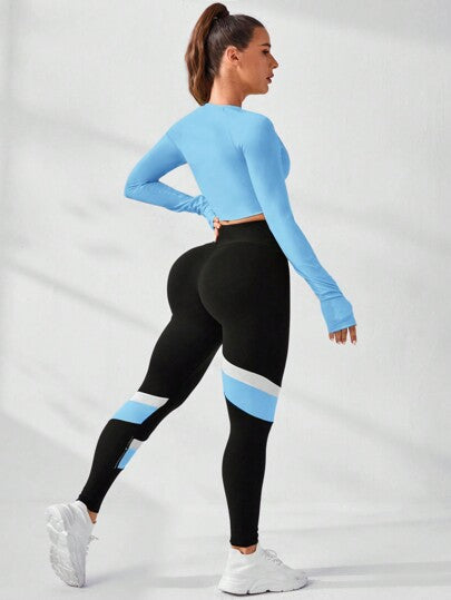 SHEIN Sport Studio بدلة رياضية نسائية شاملة وصدرية مقصرة ذات موحد اللون مع سراويل ضيقة بخصر عالي وعرض متباين ، مرنة