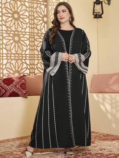 Al Najma عباءة نسائية مسلمة سترة كاجوال فضفاضة طويلة الأكمام مع تصميم مطرز، مقاس كبير، ثوب محتشم