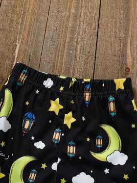 SHEIN رمضان طقم تيشيرت كم قصير وشورت للأطفال الرضع من الجنسين من سن الولادة إلى سنة واحدة، طباعة هلال لشهر رمضان، ناعم وراحة للارتداء خلال رمضان أو يومياً