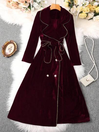 SHEIN Clasi معطف سيدات طويل أنيق مصنوع من الفلوت بتشطيب ذهبي، بياقة عالية وأكمام طويلة، مناسب للخريف والشتاء