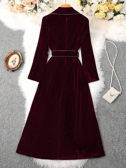 SHEIN Clasi معطف سيدات طويل أنيق مصنوع من الفلوت بتشطيب ذهبي، بياقة عالية وأكمام طويلة، مناسب للخريف والشتاء