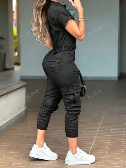 جمبسوت نسائية مع أكمام قصيرة وياقة والجيوب السحابية والحزام لفصلي الربيع والصيف