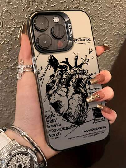 قطعة واحدة غطاء شفاف أسود بتصميم قلب كبير لهاتف iPhone متوافق مع 16PROMAX و 11 و 12 و 13PROMAX و 14PROMAX و 15