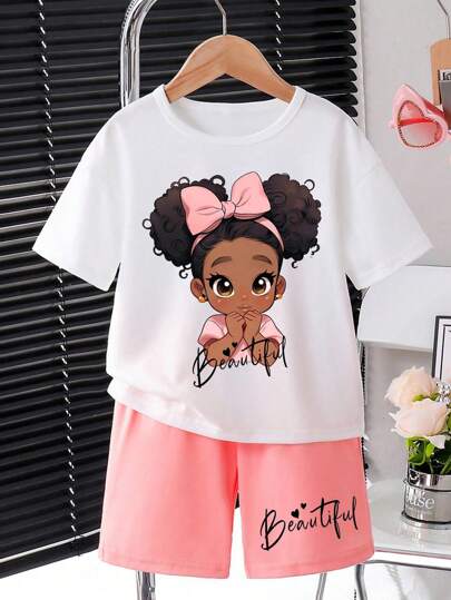 girls-sets طقم تي شيرت قصير الأكمام وشورت مطبوع برسومات كرتونية للفتيات المراهقات