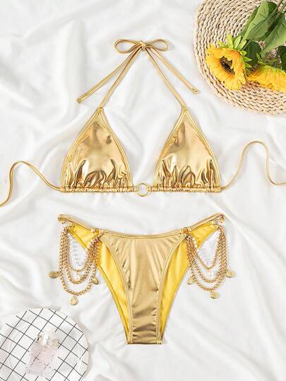 Swim SXY مجموعة من 2 قطعة ملابس سباحة نسائية معدنية لعطلات الربيع، بكيني مثلث مثير بتفاصيل سلاسل معدنية ذهبية، بأسلوب بوهيمي صيفي منتجع