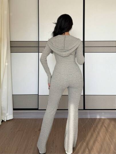 Chiquease بدلة نسائية مكونة من جاكيت مقنعة بخصر ضيق وجيوب، وبنطال مضلع متسع ، مناسبة للارتداء اليومي في فصلي الخريف والشتاء