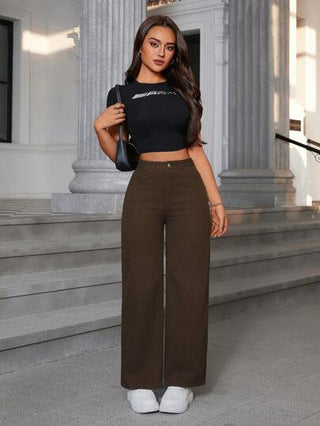 EZwear جينز نسائي أساسي فضفاض مستقيم بجيوب