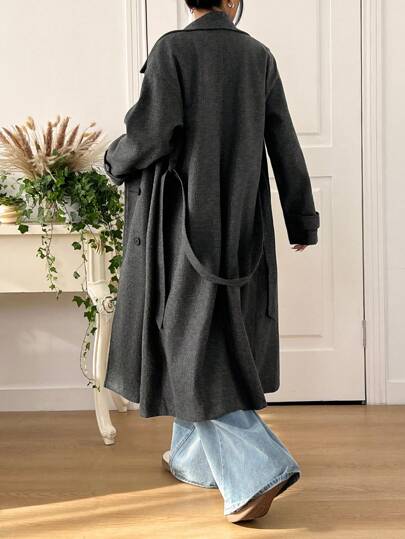EZwear معطف كاجوال طويل بأكمام طويلة ياقة مستقيمة ، لون سادة ، نسائي للخريف والشتاء