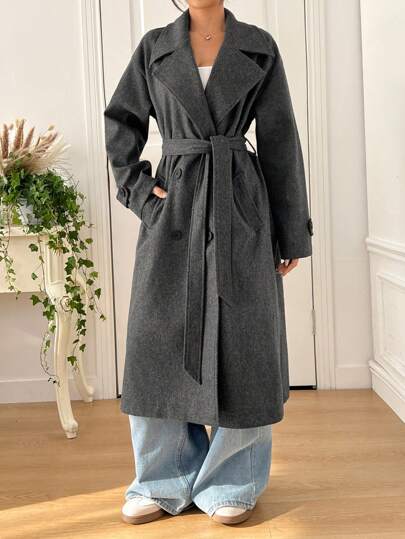 EZwear معطف كاجوال طويل بأكمام طويلة ياقة مستقيمة ، لون سادة ، نسائي للخريف والشتاء