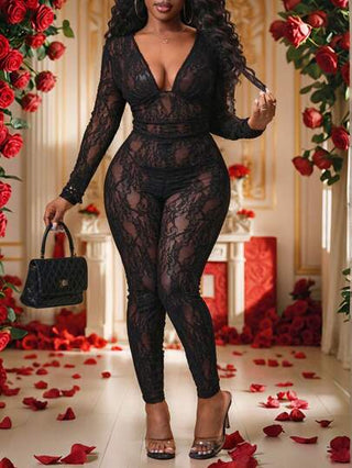 Slaydiva بزة نسائية جديدة ذات رقبة على شكل V طويلة الأكمام بخصر منضد ضيقة مزينة بالدانتيل الشفاف، سراويل ضيقة مناسبة لعيد الحب والمناسبات اليومية