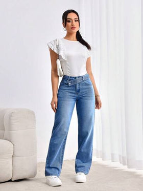 EMERY ROSE سراويل جينز مستقيمة بطيات مائلة تصميم جيوب وخصر مرن للنساء