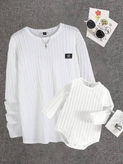 SHEIN Vintaside Kids 1 قطعة قميص طويل الأكمام لبنت رضيعة من قماش جاكار ناعم بلون واحد برقبة طاقية، للارتداء اليومي في الربيع والخريف (4 قطع ملابس متطابقة للعائلة الأم والطفل يباعان بشكل منفصل)