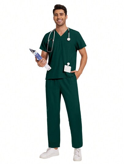 ملابس رجالي طقم بذلات رجالية لزي الشغل المُوحّد للمختبر والعمل ، طقم من لباس علوي والبناطيل لأطباء وممرضي المستشفيات والعيادات الطبية، بياقة على شكل حرف V، ملابس زي طبية حديثة لصيدليات ورعاية التمريض