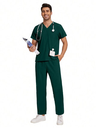 ملابس رجالي طقم بذلات رجالية لزي الشغل المُوحّد للمختبر والعمل ، طقم من لباس علوي والبناطيل لأطباء وممرضي المستشفيات والعيادات الطبية، بياقة على شكل حرف V، ملابس زي طبية حديثة لصيدليات ورعاية التمريض