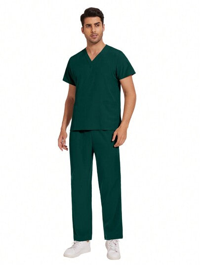 ملابس رجالي طقم بذلات رجالية لزي الشغل المُوحّد للمختبر والعمل ، طقم من لباس علوي والبناطيل لأطباء وممرضي المستشفيات والعيادات الطبية، بياقة على شكل حرف V، ملابس زي طبية حديثة لصيدليات ورعاية التمريض