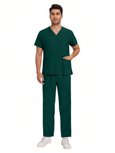 ملابس رجالي طقم بذلات رجالية لزي الشغل المُوحّد للمختبر والعمل ، طقم من لباس علوي والبناطيل لأطباء وممرضي المستشفيات والعيادات الطبية، بياقة على شكل حرف V، ملابس زي طبية حديثة لصيدليات ورعاية التمريض