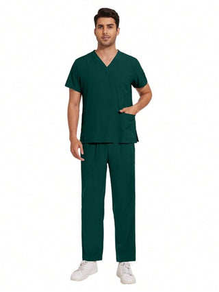ملابس رجالي طقم بذلات رجالية لزي الشغل المُوحّد للمختبر والعمل ، طقم من لباس علوي والبناطيل لأطباء وممرضي المستشفيات والعيادات الطبية، بياقة على شكل حرف V، ملابس زي طبية حديثة لصيدليات ورعاية التمريض