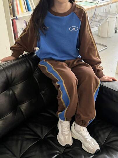 girls-sets DAZY مجموعة سترة قطنية طويلة الأكمام ذات كتّفين وبنطال رياضي للفتيات ، 2 قطعة ، ربيعية