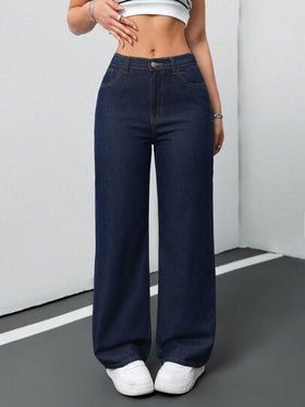 SHEIN Tall جينز للنساء كاجوال فضفاض مستقيم بلون أزرق، جينز للنساء الطويلات، جينز منخفض الخصر للنساء، جينز فضفاض