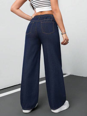 SHEIN بنطلون جينز فضفاض أزرق كاجوال للمراهقات، ملابس يومية ناعمة للمراهقات، ملابس صيفية وربيعية للمراهقات للحفلات والشاطئ، بنطلون جينز ساق واسعة للخريف والشتاء