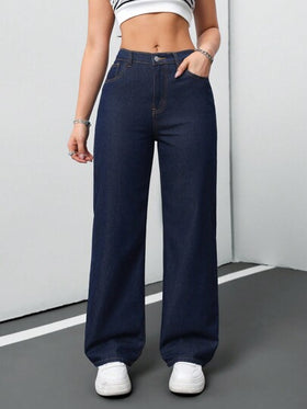 SHEIN Tall جينز للنساء كاجوال فضفاض مستقيم بلون أزرق، جينز للنساء الطويلات، جينز منخفض الخصر للنساء، جينز فضفاض