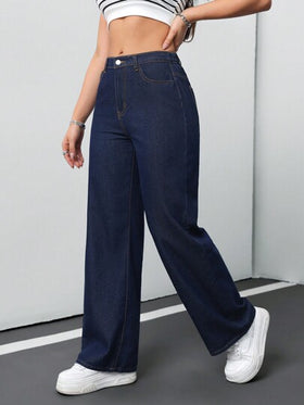 SHEIN Tall جينز للنساء كاجوال فضفاض مستقيم بلون أزرق، جينز للنساء الطويلات، جينز منخفض الخصر للنساء، جينز فضفاض