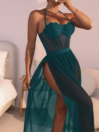 SHEIN Swim بيكيني قطعة واحدة مقاوم للشمس ولديه تأثير رفع الصدر والتنورة الشفافة للشاطئ