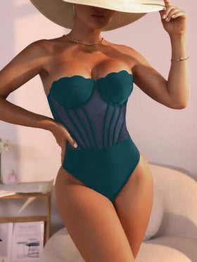 SHEIN Swim بيكيني قطعة واحدة مقاوم للشمس ولديه تأثير رفع الصدر والتنورة الشفافة للشاطئ