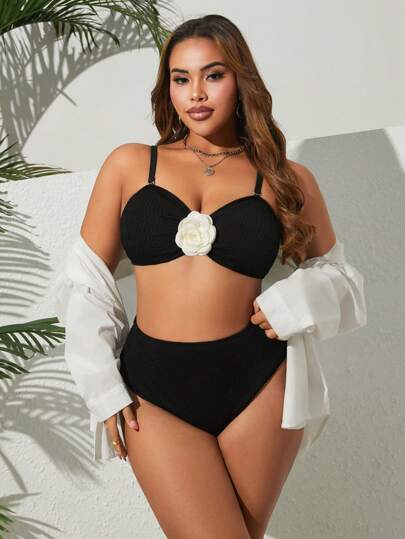 Swim Vcay 2 قطعة ملابس سباحة للنساء بمقاسات كبيرة، بلون أحادي مع زخرفة زهور بيضاء، طراز كاجوال