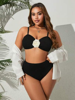 Swim Vcay 2 قطعة ملابس سباحة للنساء بمقاسات كبيرة، بلون أحادي مع زخرفة زهور بيضاء، طراز كاجوال
