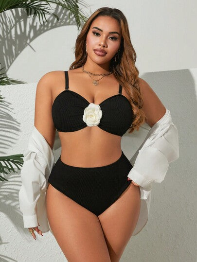Swim Vcay 2 قطعة ملابس سباحة للنساء بمقاسات كبيرة، بلون أحادي مع زخرفة زهور بيضاء، طراز كاجوال