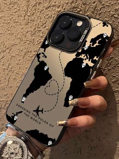 1 قطعة غطاء هاتف مطبوع بطباعة IMD بتصميم خريطة السفر باللون الأسود متوافق مع هواتف آيفون 16PROMAX، 11، 12، 13PROMAX، 14PROMAX، 15